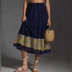 Anthropologie Navy Blue Eyelet Maxi Skirt Sequin Boho Embroidery Border Sz M
